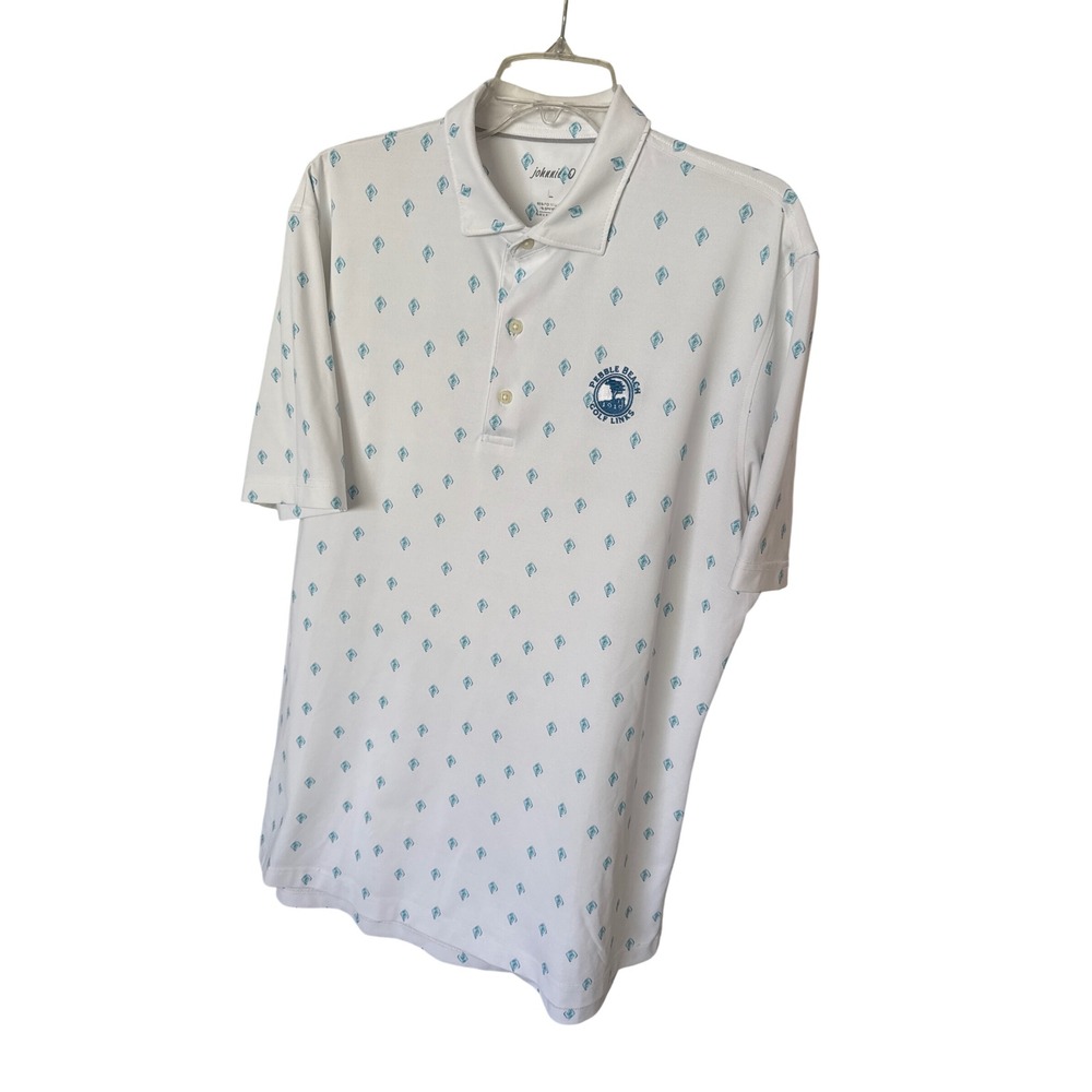 Johnnie O Shirt Mens White Blue Rhombus Droptail Performance Polo Pebble Beach L - Picture 3 of 7